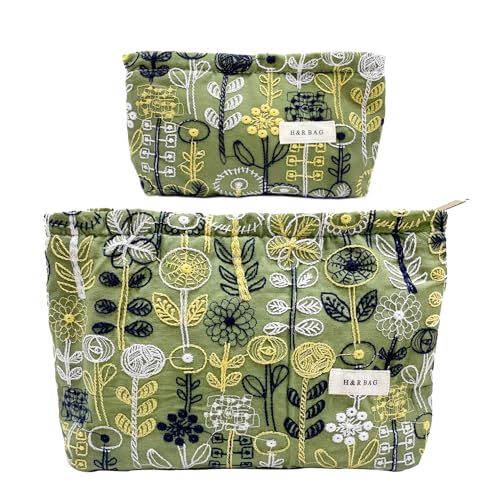 getgto 2 Pcs Makeup Bags, Large Cosmetic Bag Travel Toiletry Bag Organizer for Women, Embroidery Craft,Makeup Bag Small Cosmetic Pouch Purse with Zipper Gifts for Girls Teen - color: Green tree