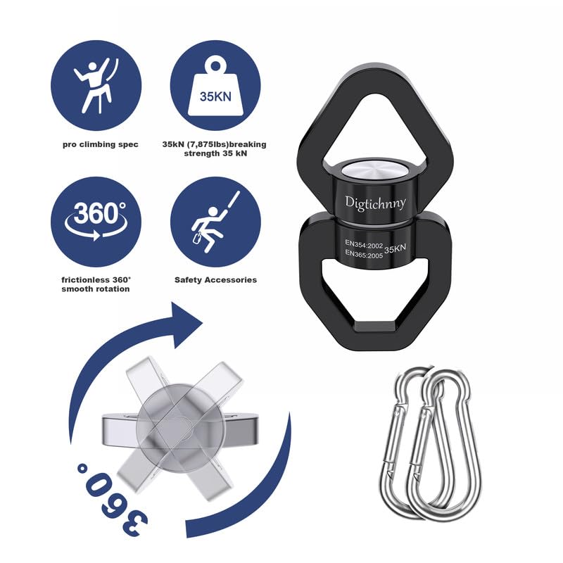 2 Pack Swing Swivel Hook, 35KN Aluminium Alloy Swing Swivel Heavy Duty, Swing Spinner For Children's Swing,Aerial Yoga,Web Tree Swing,Hanging Hammock Indoor Outdoor(Black with 4 Carabiners) - style: Black-2 Pack with 4 Carabiners