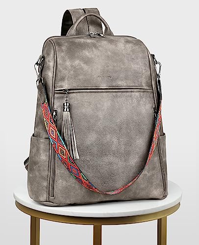 FADEON Leather Laptop Backpack for Women Designer 15.6 inch PU Laptop Bag, Ladies Travel Computer Work Backpack Grey - color: Charcoal Grey Retro Style
