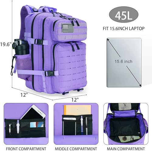 Military Tactical Backpack 45L/25L 3 Day Assault Pack Molle Daypack Hiking Backpack for Men and Women - color: Pale-purple, size: 45L
