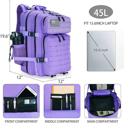 Military Tactical Backpack 45L/25L 3 Day Assault Pack Molle Daypack Hiking Backpack for Men and Women - color: Pale-purple, size: 45L