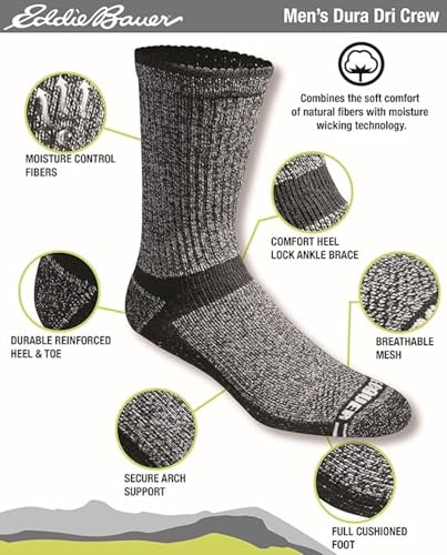 Eddie Bauer Men's Dura Dri Moisture Control Crew Socks (6 & 12 Packs) - color: Black Assorted (6 Pairs)