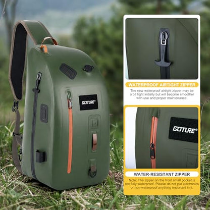 Goture Waterproof Fly Fishing Sling Pack, IPX8 840D TPU Fishing Sling Bag, 13L Tackle Backpack with Rod Holder,Airtight Zipper,Exhaust Valve,Adjustable Strap for Kayaking,Wadering,Hiking - color: A2:13L Green