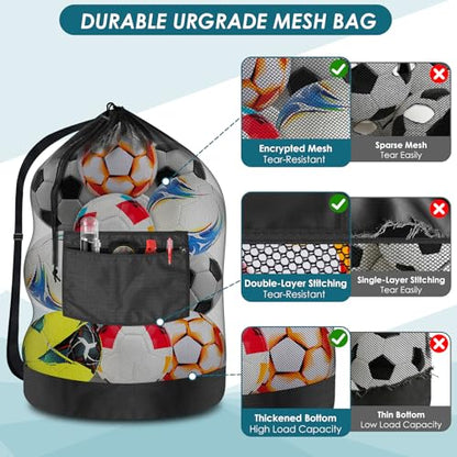 BROTOU Extra Large Soccer Ball Net Bag, 40" x 30" Drawstring Mesh Ball Bag with Zipper Pocket, Sports Equipment Bag for Gym, Cloth, Beach, Swimming Gears - color: Black-5pcs-Durable Upgraded