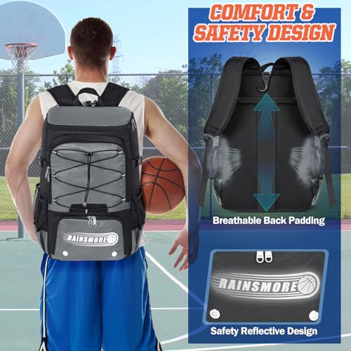 RAINSMORE Basketball Backpack 45L Basketball Bag with Separate Ball Holder & Shoes Compartment Water Resistant Sports Bag Basketball Equipment Bags Fit Volleyball, Soccer, Swim, Gym, Travel - color: Grey