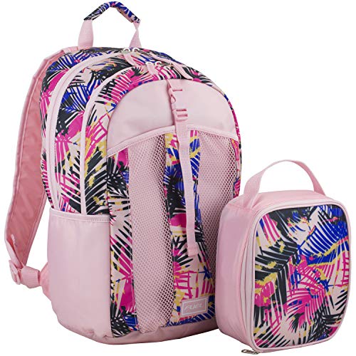 FUEL Lunch Backpack Set Teens Student Water Resistant Bookbag Bag Soft Reusable Insulated Cooler Lunch Box Thermal Travel Office Lunch Bag, Tropical Palm Trees - color: Rose Sand Pink/Tropical Palm Print