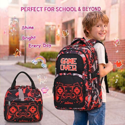 3PCS Kids Backpack Set, School Backpack with Lunch Bag & Pencil Case, Lightweight Waterproof Bookbag for Kids (Gamer Red) - color: Gamer Red