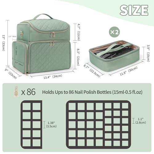 Extra Large Nail Polish Organizer Case Holds 86 to 100+ Bottles Nail Polish & Nail Lamp, Nail Supplies Storage Carrying Bag with 2 Removable Pouches, Portable Nail Tech Travel Box (Green, 86 Slots) - color: Green