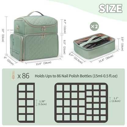 Extra Large Nail Polish Organizer Case Holds 86 to 100+ Bottles Nail Polish & Nail Lamp, Nail Supplies Storage Carrying Bag with 2 Removable Pouches, Portable Nail Tech Travel Box (Green, 86 Slots) - color: Green