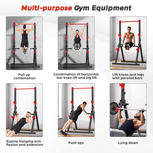 DlandHome Foldable Power Tower Pull Up Bar Dip Station, Adjustable Height Multifunction Workout Pull Up Tower Station for Home Gym, Strength Training Equipment, Triangular Legs, Up to 330lbs - color: Red