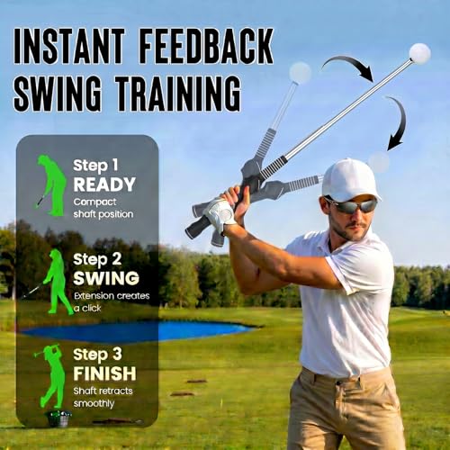 5-in-1 Golf Swing Trainer for Right-Handed Golfers with Click Feedback, Retractable Training Aid, Grip Trainer & Arm Band, Improve Tempo & Swing Path, Indoor Outdoor Practice - color: Black