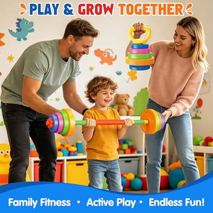 5-in-1 Kids Weight Set – Adjustable Fillable Toddler Weights Gym Set with Dumbbell, Barbell, Kettlebell, Ring Toss, Push-up – Kids Workout Equipment Children Beginner Home Gym Pretend Play Exercise