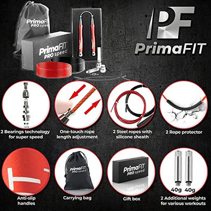 PrimaFIT Jump Rope Pro Speed Skipping Rope Adjustable Adult Jumping Rope Weighted Aluminium Handles for Double Dutch Boxing Workout Crossfit Exercise Fitness Spare Cable Weights Protectors Carry Bag - color: Red