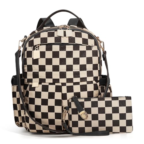 Checkered Backpack Purse Women Plaid Vegan Leather Fashion Travel Bag Large Designer Shoulder Handbag Commuter Brown (Plaid Black) - color: Plaid Black