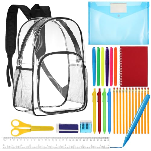 Amylove 29 Pcs Clear Backpacks with Study Supplies, 16in Transparent PVC Bag for Elementary, Intermediate, or High School, Stadium Approved See Through Bookbag to Study Supplies for Students - size: 16in