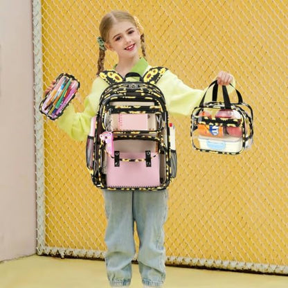 ACESAK Clear Backpack for Girls - 3 Pcs Clear Backpack Heavy Duty with Lunch Bag - See Through Bookbag Stadium Approved for Kids Middle High College School(Black Daisy) - color: Black Daisy