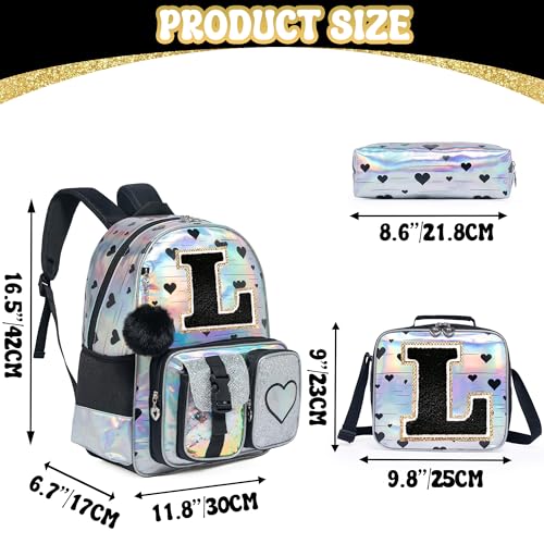 HTgroce Backpacks for Girls School Bag Kids Black Bookbag for Elementary Students Kids Backpack with Lunch Box and Pencil Case - color: Silver, style: L