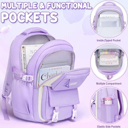 Fimibuke Backpack for Girls, 3 PCS Waterproof School Backpack with Lunch Box & Pencil Pouch for Kid Teen Girl, Cute Bookbag School Bag for Elementary Middle High School Student Ages 6+(Black & Purple) - color: Black & Purple