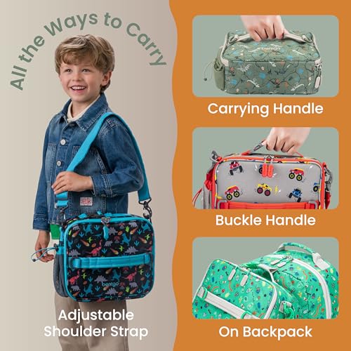 Bentgo Kids Lunch Bag - Durable, Double-Insulated Lunch Bag for Kids 3+; Holds Lunch Box, Water Bottle, & Snacks; Easy-Clean Water-Resistant Fabric & Multiple Zippered Pockets (Dino Fossils) - color: Dino Fossils