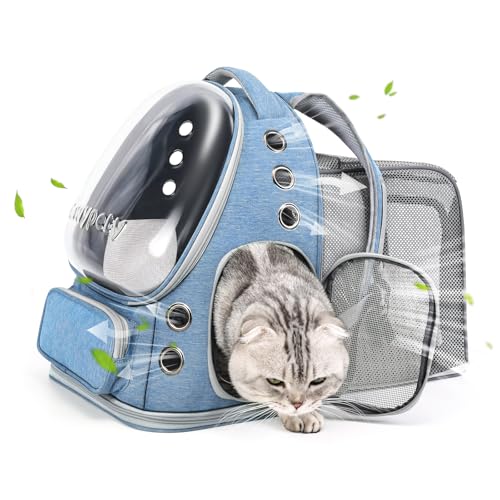 Cawypety Expandable Cat Backpack,Cat Bubble Backpack Carrier for Carrying Cats, Pets and Small Dogs,Airline-Approved,Designed for Travel, Hiking, Walking,Car （Blue - color: Square Expandable- Blue