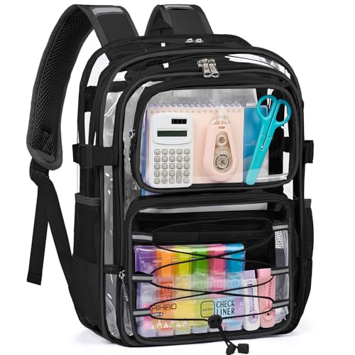 Heavy Duty Clear Backpack for School 360° Reflective Strips Clear Bookbag Transparent PVC Backpack with Multiple Compartments See Through Bag for College Work Travel Security - color: Black