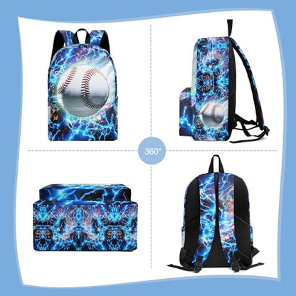3PCS Backpack for Boys Girls, Kids Back To School Backpack Sets with Lunch Bag Pencil Case, Large Capacity 17 Inch Bookpack 3 in 1 Set for Teens Elementary Middle High School Students (Baseball) - color: Blue Baseball