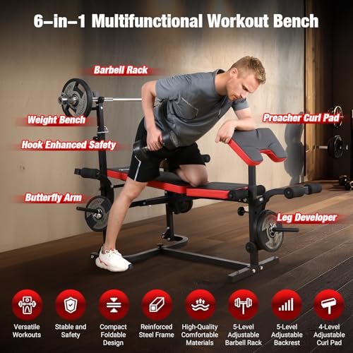 6-in-1 Foldable Weight Bench Set, 1695LBS Adjustable Workout Bench/Barbell Rack/Curl Pad, Bench Press, Leg Extension and Curl machine, Workout Fitness Equipment w/Squat Rack for Home Gym