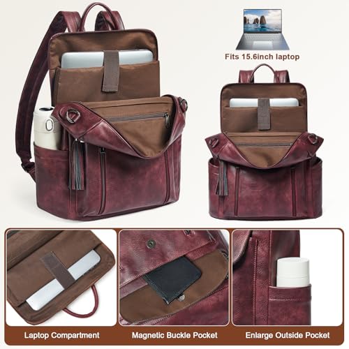 Shrrie Laptop Backpack for Women 15.6 inch,Travel Leather Backpack Purse Nurse Teacher Carry on Backpack Computer Bag,Professional Water-Resistant College Business Work Casual Daypack,Two-tone Maroon - color: Two-tone Maroon