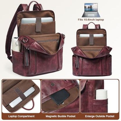Shrrie Laptop Backpack for Women 15.6 inch,Travel Leather Backpack Purse Nurse Teacher Carry on Backpack Computer Bag,Professional Water-Resistant College Business Work Casual Daypack,Two-tone Maroon - color: Two-tone Maroon