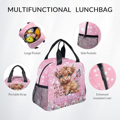Mercuryelf Personalized Backpack for Girls Highland Cow 3PCS Kids Backpack Set with Lunch Bag & Pencil Case, 17 Inch School Bookbag for Elementary Kindergarten - color: Red
