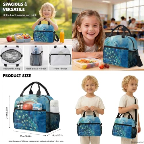 ZDCUSTOM Girls Backpack with Lunch Box, Peacock School Bookbag for 2nd 3rd Grade Girls, Cute School Backpack with Pencil Case & Water Bottle Cover & Keychain, Blue Schoolbags Sets 5PCS - color: Peacock