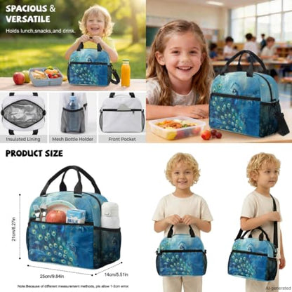 ZDCUSTOM Girls Backpack with Lunch Box, Peacock School Bookbag for 2nd 3rd Grade Girls, Cute School Backpack with Pencil Case & Water Bottle Cover & Keychain, Blue Schoolbags Sets 5PCS - color: Peacock