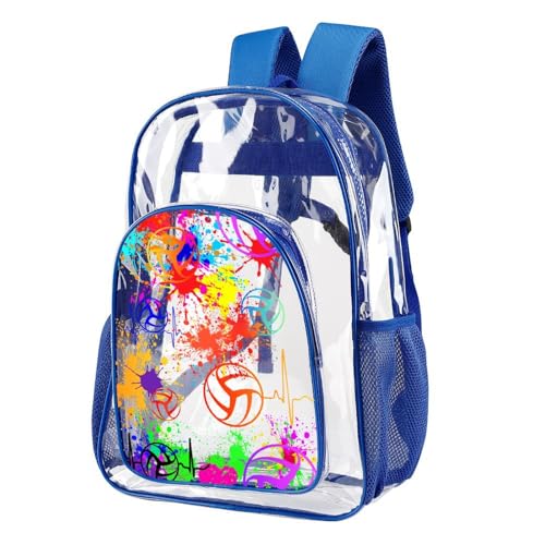 Volleyball Clear Backpack Heavy Duty for Girls Kids Boys Women | Large Cool PVC Volleyball Theme Printing Transparent Backpacks for Schools Stadium Concerts Work - Clear/Blue - color: Volleyball Clear Backpack 1 Blue With Front Pocket