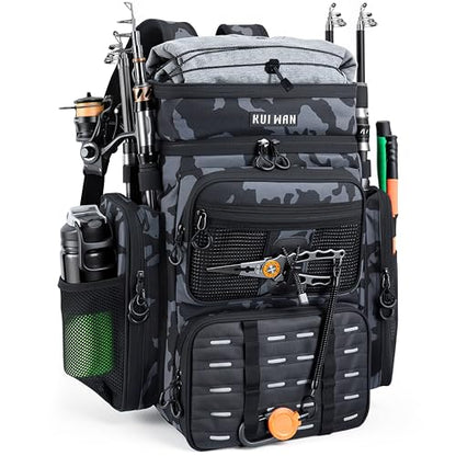 Fishing Backpack with Cooler & 4 Rod Holder, Large 45L Tackle Bag Store Fishing Gear Boxes Gifts for Men Woman-Camo Back Pack