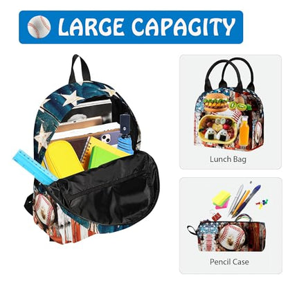 3PCS Backpack for Girls Boys,Teens Flag Baseball Back to School Backpack with Lunch Box Pencil Case, 17 Inch Lightweight Students Backpack 3 in 1 Set for Elementary Middle High School - color: American Flag Baseball