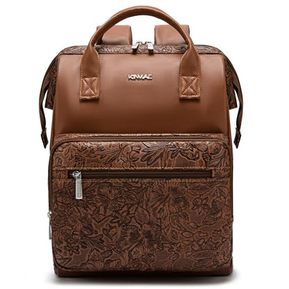 Kinmac Wide Open Style Laptop Backpack for Laptop Up to 15.6 Inch Men Women Travel Outdoor Backpack (Coffee Flower PU) - color: Coffee Flower Pu