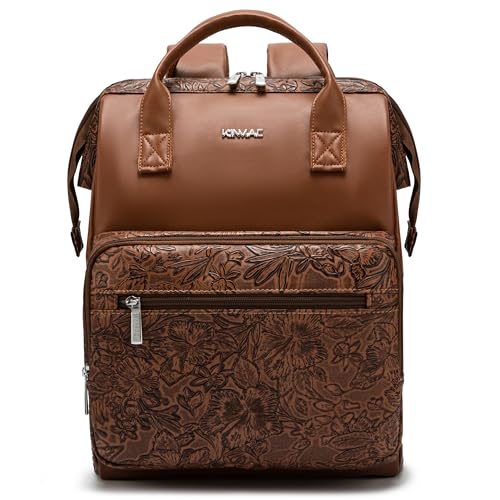 Kinmac Wide Open Style Laptop Backpack for Laptop Up to 15.6 Inch Men Women Travel Outdoor Backpack (Coffee Flower PU) - color: Coffee Flower Pu