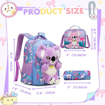 Meetbelify Kids School Backpacks for Girls Boys Backpack with Lunch Bag for Elmentary Students - color: 01 Koala Purple