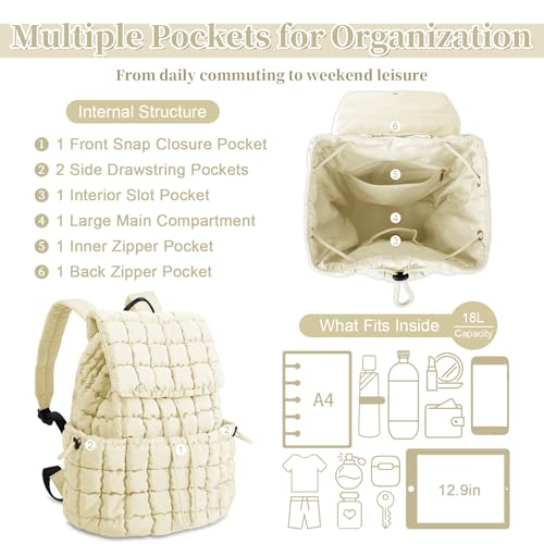izuzta Quilted Puffer Backpack for Women, Lightweight Soft Nylon Quilted Hiker Pack, Trendy Puffy Padding Gym Backpack, Travel Bag for Casual Daypack Hiking Sport (Beige) - color: Beige