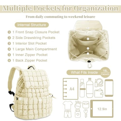 izuzta Quilted Puffer Backpack for Women, Lightweight Soft Nylon Quilted Hiker Pack, Trendy Puffy Padding Gym Backpack, Travel Bag for Casual Daypack Hiking Sport (Beige) - color: Beige