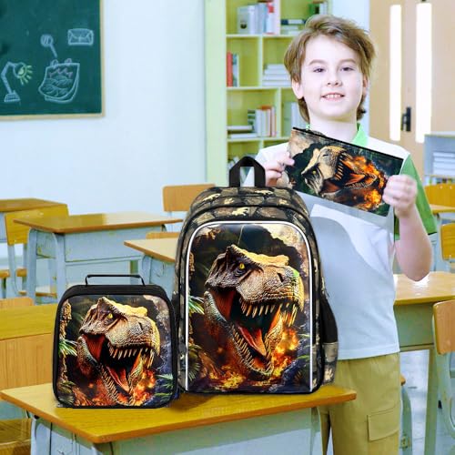 HPJGD 3PCS Dinosaur Kids Bookbag, Water Resistant Boys School Bag Set with Lunch Box, Cool Backpack for Elementary Preschool Toddler - Wall-Breaking T-Rex - color: Cool Uv Printed Wall-breaking T-rex Brown