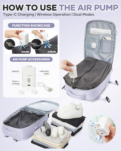 WONHOX Vacuum Seal Travel Backpack with Air Pump,Compression Vacpack Waterproof Carry On Backpack for Travel Women Men with Vacuum System,Airlines Approved Daypack Laptop Space Saver Bags,Lilac - color: B6-lilac(with Air Pump)