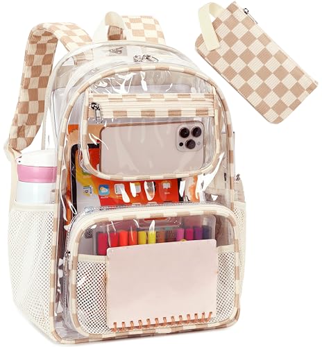 Bluboon Clear Backpack Heavy Duty Kids Boys Clear Bookbag See Through Backpacks with Pencil Case for College Work (Transparent Brown white Checked) - color: Transparent Brown White Checked