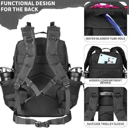 55L Tactical Backpack Heavy Duty Military Rucksack Molle Backpack 3 Day Assault Pack for Work Outdoors - color: Black Rose