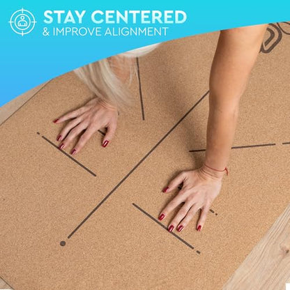 Natural Cork Yoga Mat with Alignment Lines and 55 Instructional Cards in 7 Themes for Beginner - Non-Slip Eco Friendly - 183x66x5mm for Home Workouts, Balance & Precision