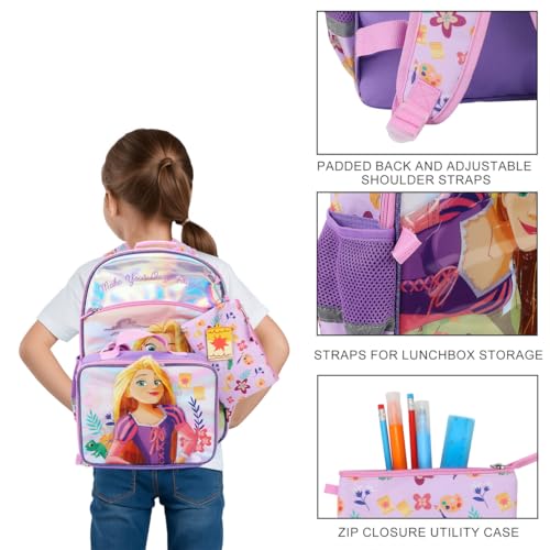 BIOWORLD Girls Tangled Make Your Own Fairy Tale Kids Four-Piece School Backpack (Little Kid/Big Kid) Pink One Size