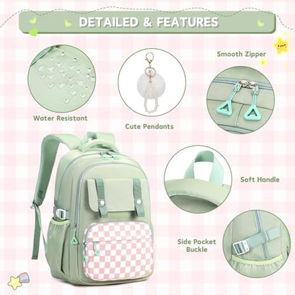 MUSEVOS Girls Backpack with Lunch Bag, Kindergarten Elementary Middle School Backpack, Multiple Compartments Large Capacity Kids Bookbag 3 Pcs Set (Green) - color: Green-3pcs Set