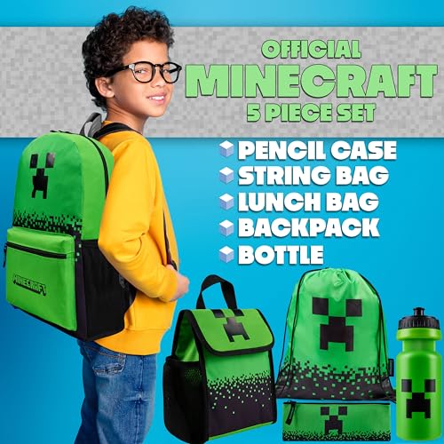 Minecraft Boys Backpack 5 Pc Gift Set with Creeper School Bookbag, Lunch Bag, Pencil Case, Water Bottle and Travel Daypack (Green) - color: Green
