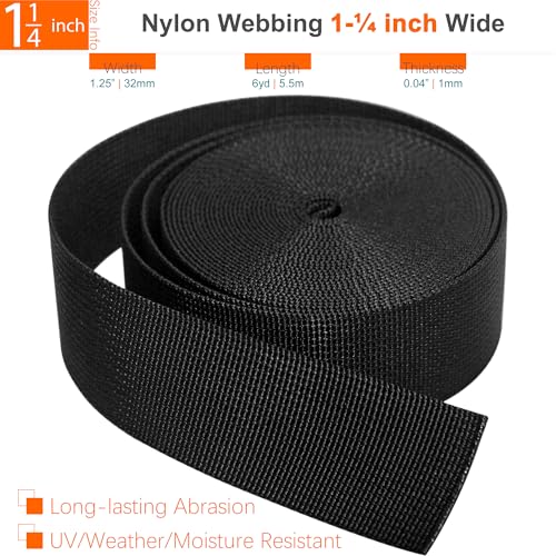 Nylon Straps 1-1/4 inch Wide with Buckles and Slides: 6 Yard of 1.25" Webbing, 4 Pack Side Release Buckle, 8 pcs Tri-Glide Slider, Heavy Duty Plastic Clip Quick Fastener Replacement Dual Adjustable - size: 1-1/4" x 6 yd Strap + 4 pack Buckles