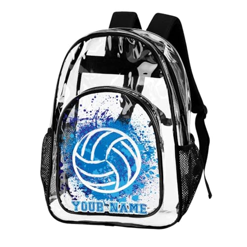 Custom Volleyball Clear Backpack Heavy Duty for Girls Kids Boys | Large Cool PVC Volleyball Theme Printing Transparent Backpacks for Schools Stadium Concerts Work - Clear/Black - color: Volleyball Clear Backpack 2 Black With Front Pocket Custom